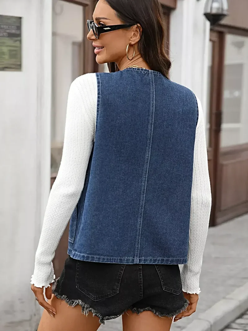 Stijlvol denim vest met knoopsluiting en zakken - Licht elastisch, hoogwaardige rayonmix