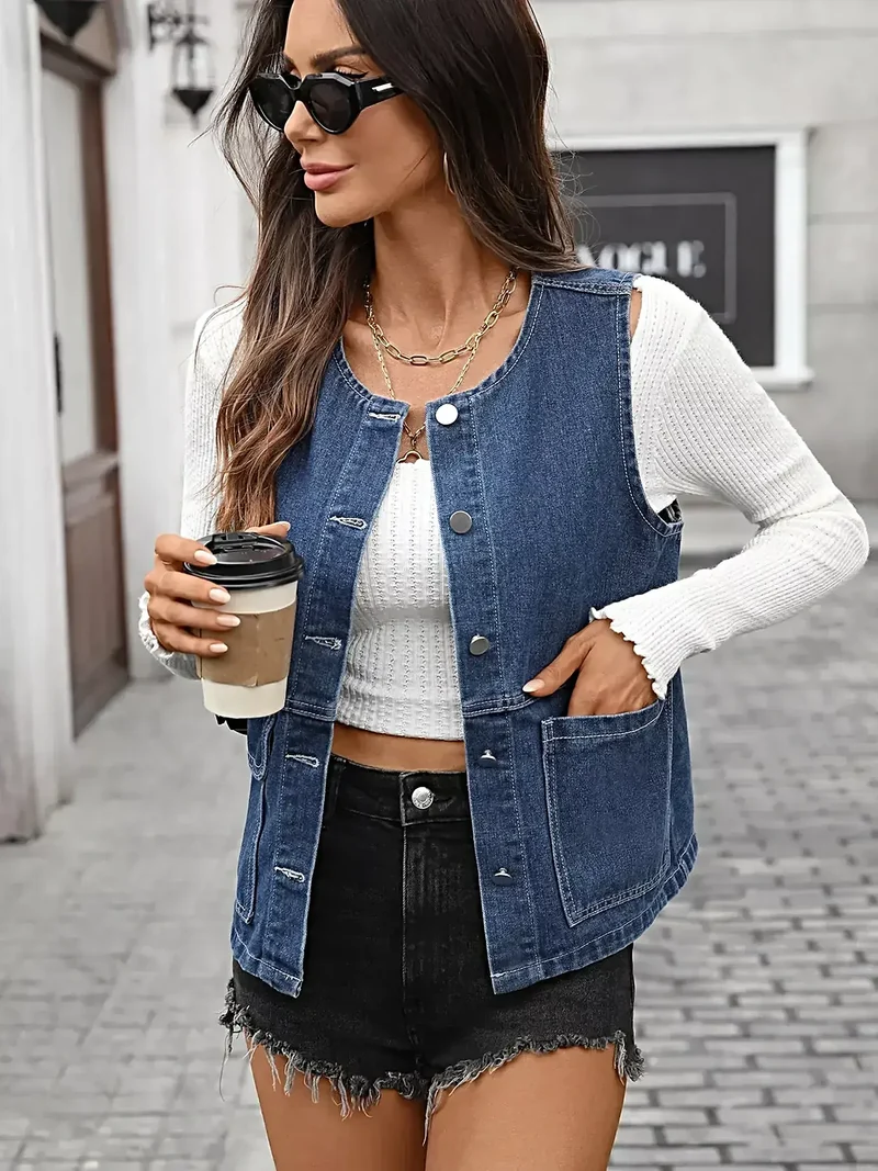 Stijlvol denim vest met knoopsluiting en zakken - Licht elastisch, hoogwaardige rayonmix
