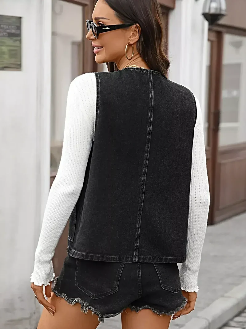 Stijlvol denim vest met knoopsluiting en zakken - Licht elastisch, hoogwaardige rayonmix
