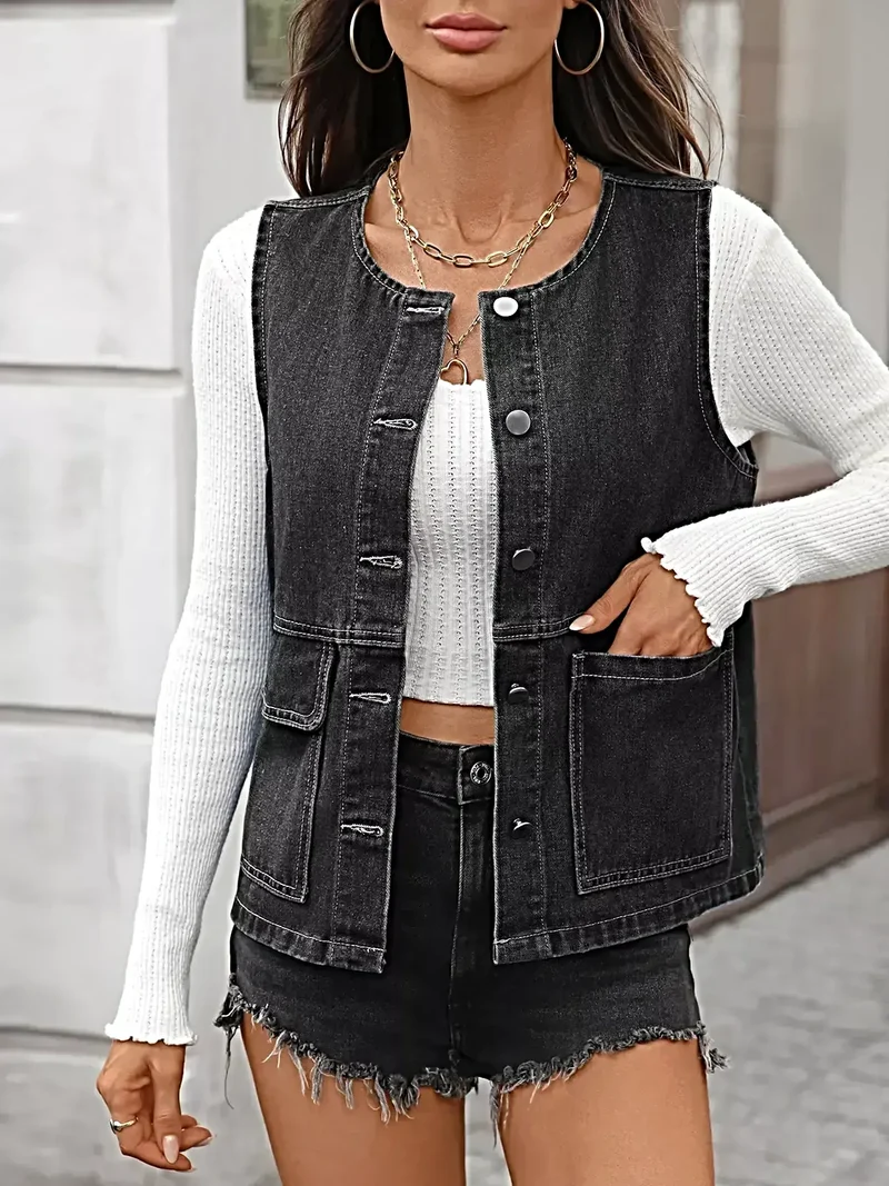 Stijlvol denim vest met knoopsluiting en zakken - Licht elastisch, hoogwaardige rayonmix