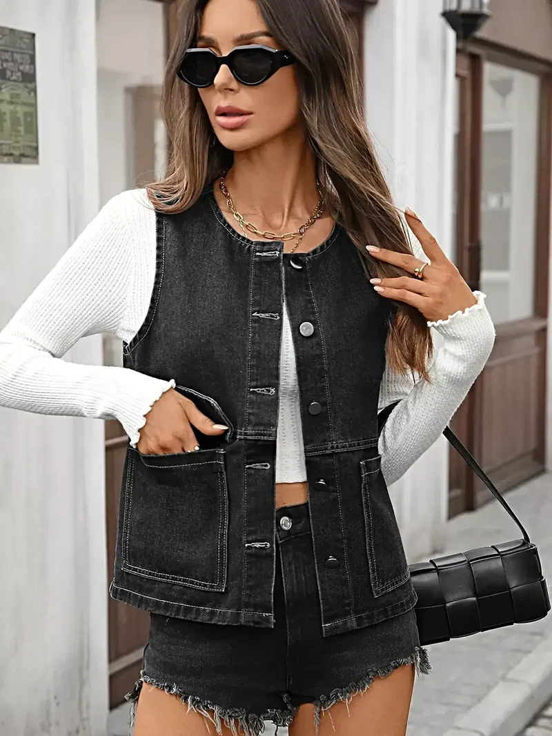 Stijlvol denim vest met knoopsluiting en zakken - Licht elastisch, hoogwaardige rayonmix