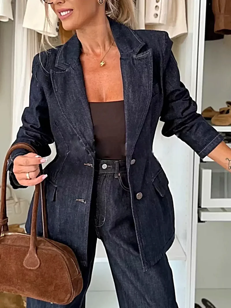 Luxe single-breasted blazer van gewassen denim - Klassieke stijl voor moeiteloze elegantie
