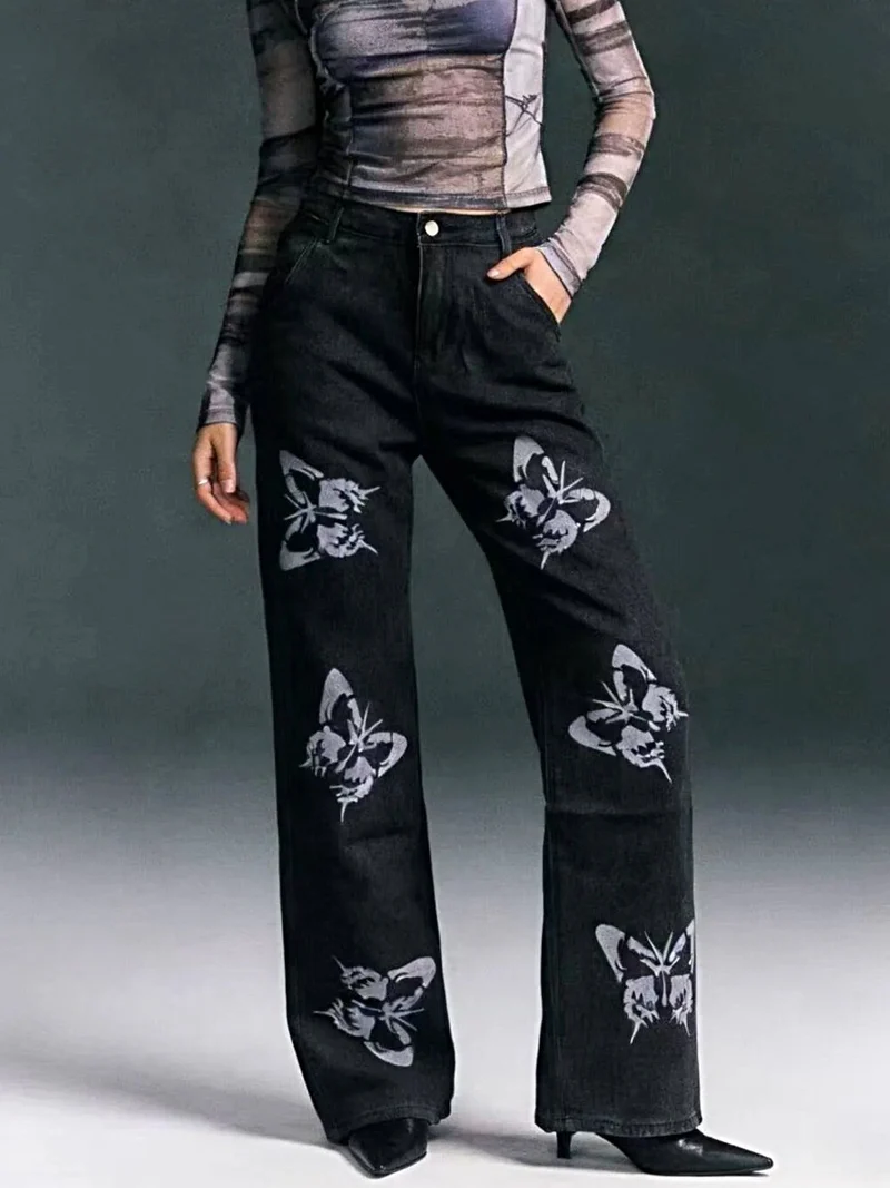 Jeans met hoge taille, wijde pijpen en vlinderprint, inclusief zakken - Trendy en chique stijl