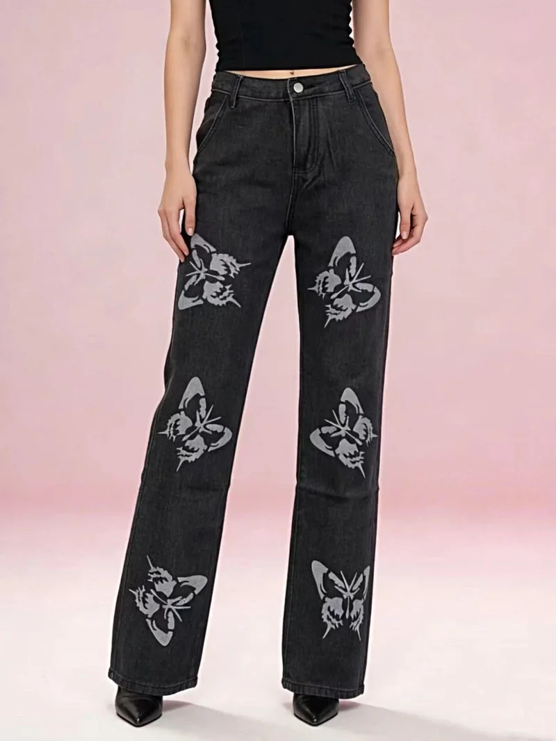 Jeans met hoge taille, wijde pijpen en vlinderprint, inclusief zakken - Trendy en chique stijl