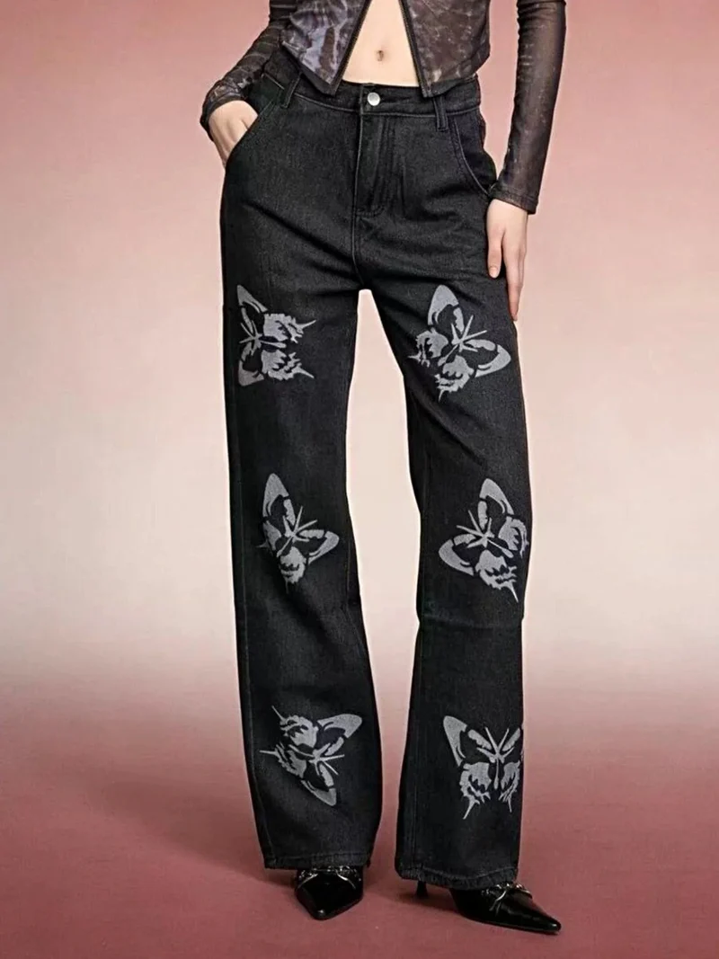 Jeans met hoge taille, wijde pijpen en vlinderprint, inclusief zakken - Trendy en chique stijl