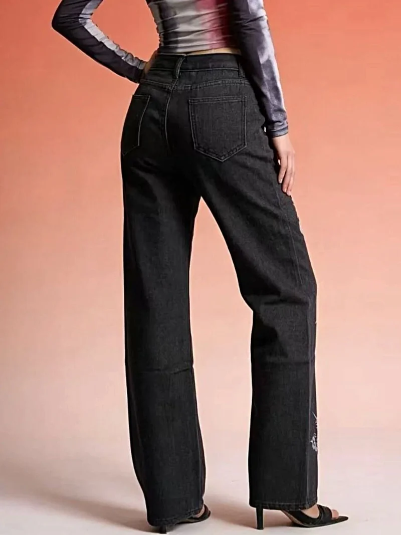 Jeans met hoge taille, wijde pijpen en vlinderprint, inclusief zakken - Trendy en chique stijl
