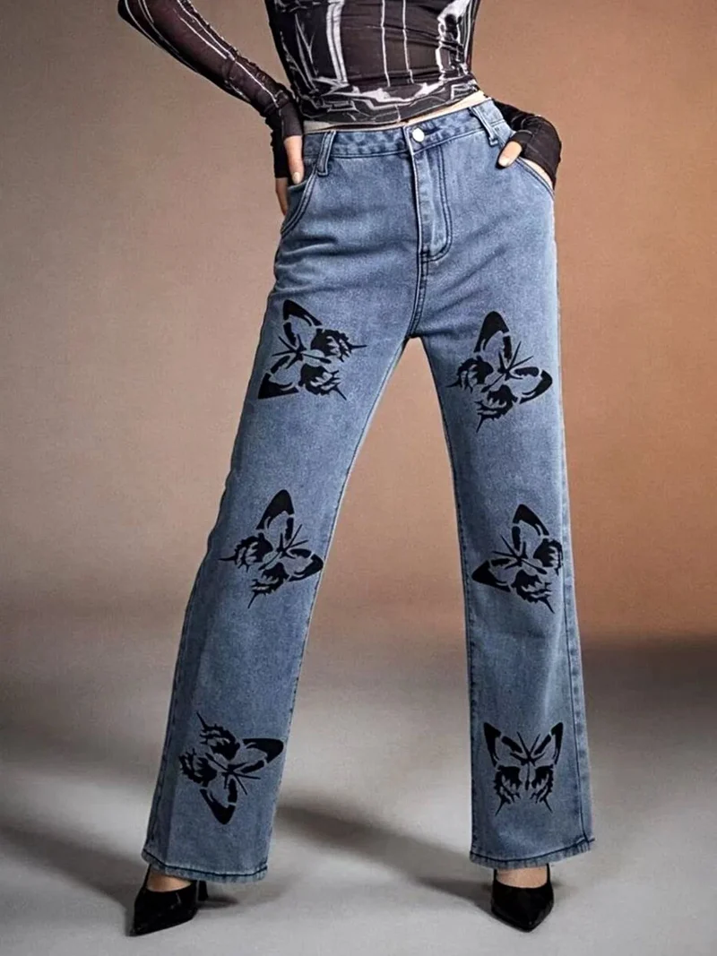 Jeans met hoge taille, wijde pijpen en vlinderprint, inclusief zakken - Trendy en chique stijl
