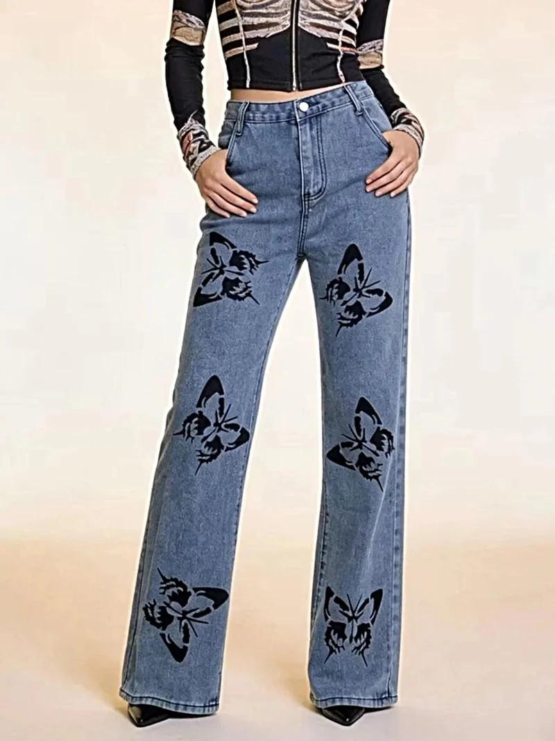 Jeans met hoge taille, wijde pijpen en vlinderprint, inclusief zakken - Trendy en chique stijl