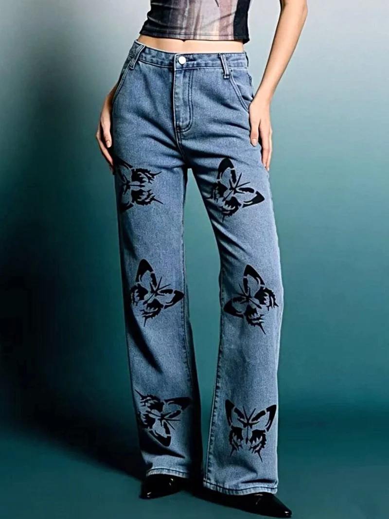 Jeans met hoge taille, wijde pijpen en vlinderprint, inclusief zakken - Trendy en chique stijl