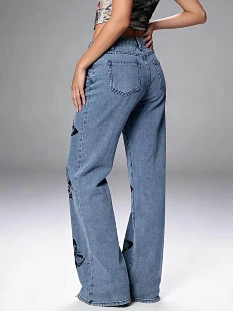 Jeans met hoge taille, wijde pijpen en vlinderprint, inclusief zakken - Trendy en chique stijl