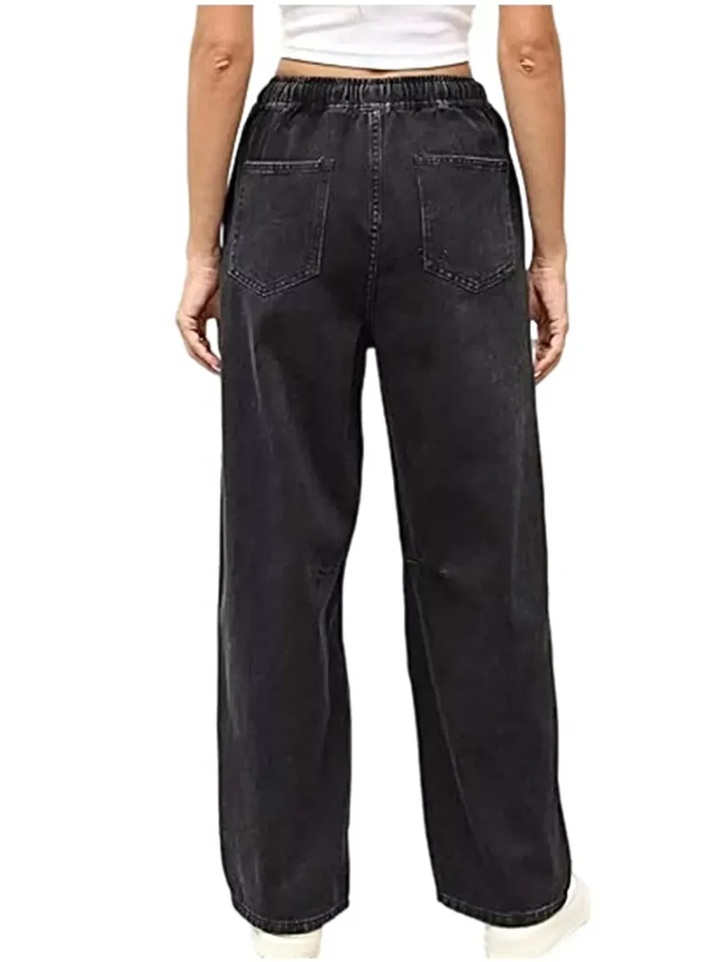 Luxe jeans met elastische tailleband, wijde pijpen, trekkoord en zakken.