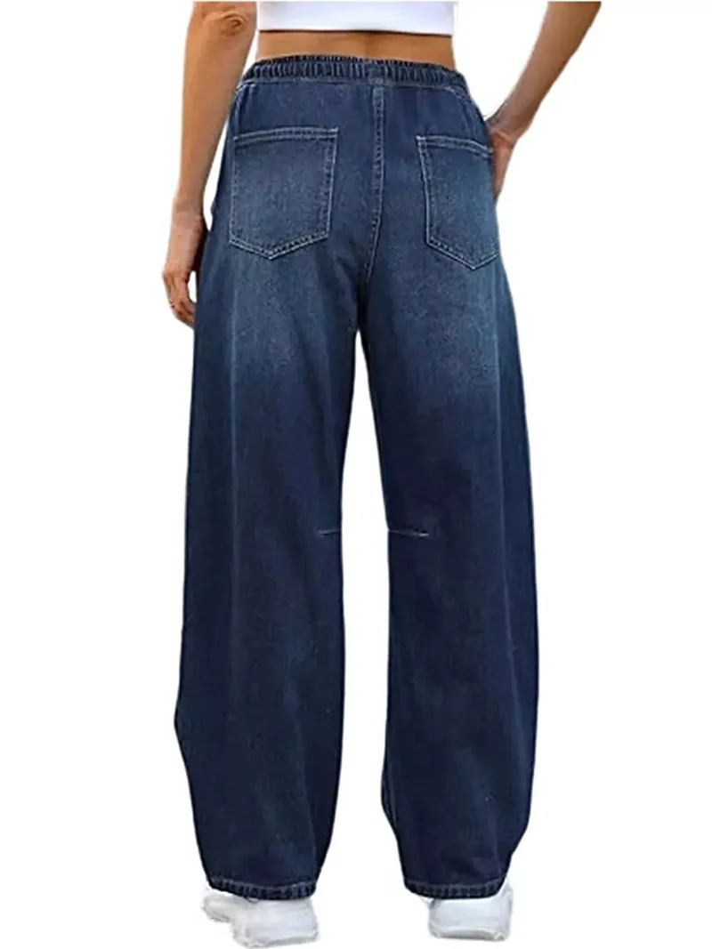 Luxe jeans met elastische tailleband, wijde pijpen, trekkoord en zakken.