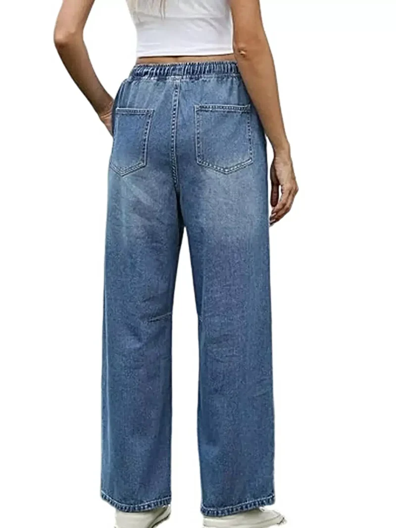 Luxe jeans met elastische tailleband, wijde pijpen, trekkoord en zakken.