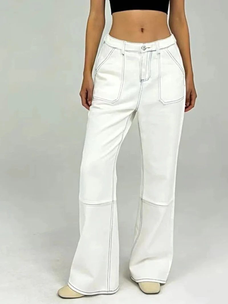 Stijlvolle jeans met wijde pijpen, contrasterende stiksels en zakken | 85% katoen, 15% polyester