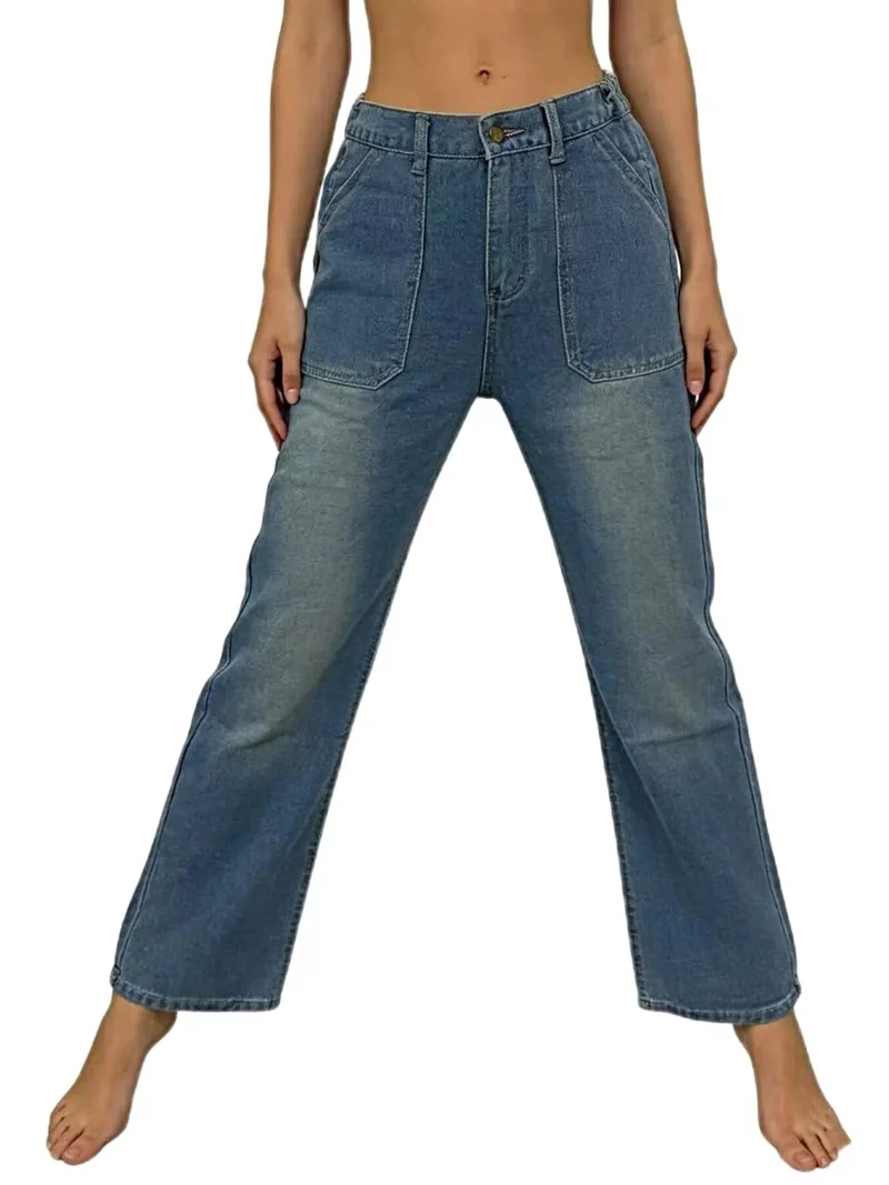 Stijlvolle jeans met wijde pijpen, contrasterende stiksels en zakken | 85% katoen, 15% polyester
