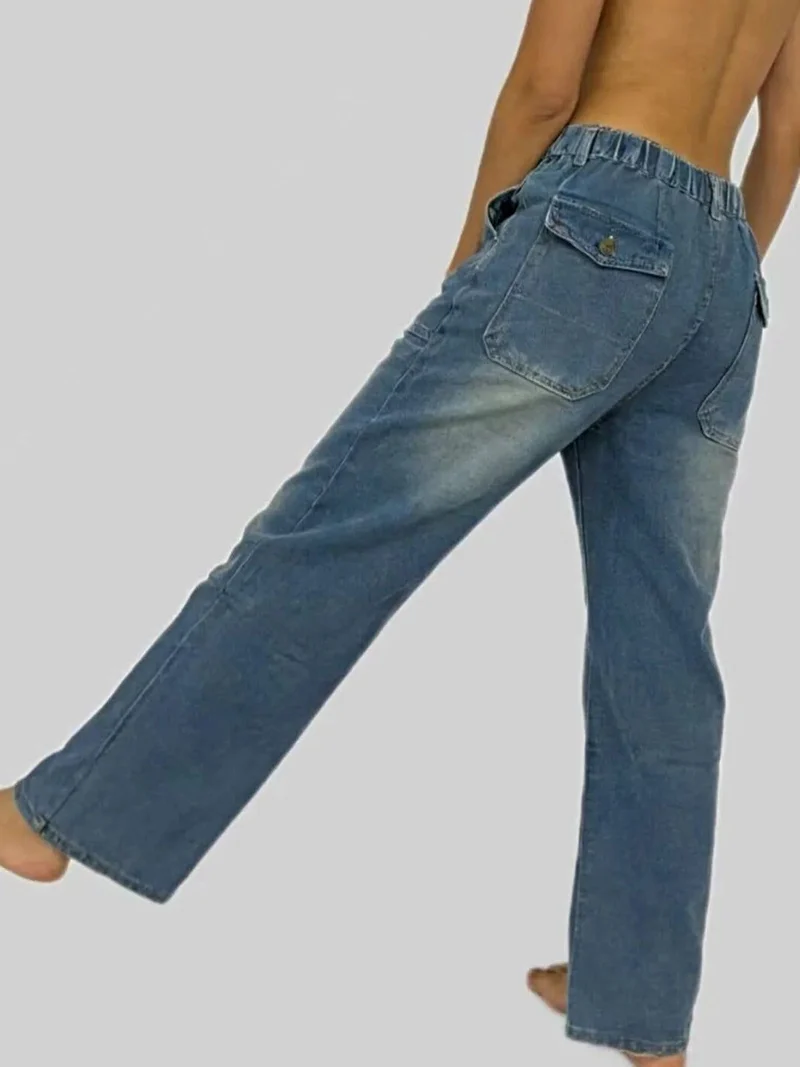 Stijlvolle jeans met wijde pijpen, contrasterende stiksels en zakken | 85% katoen, 15% polyester