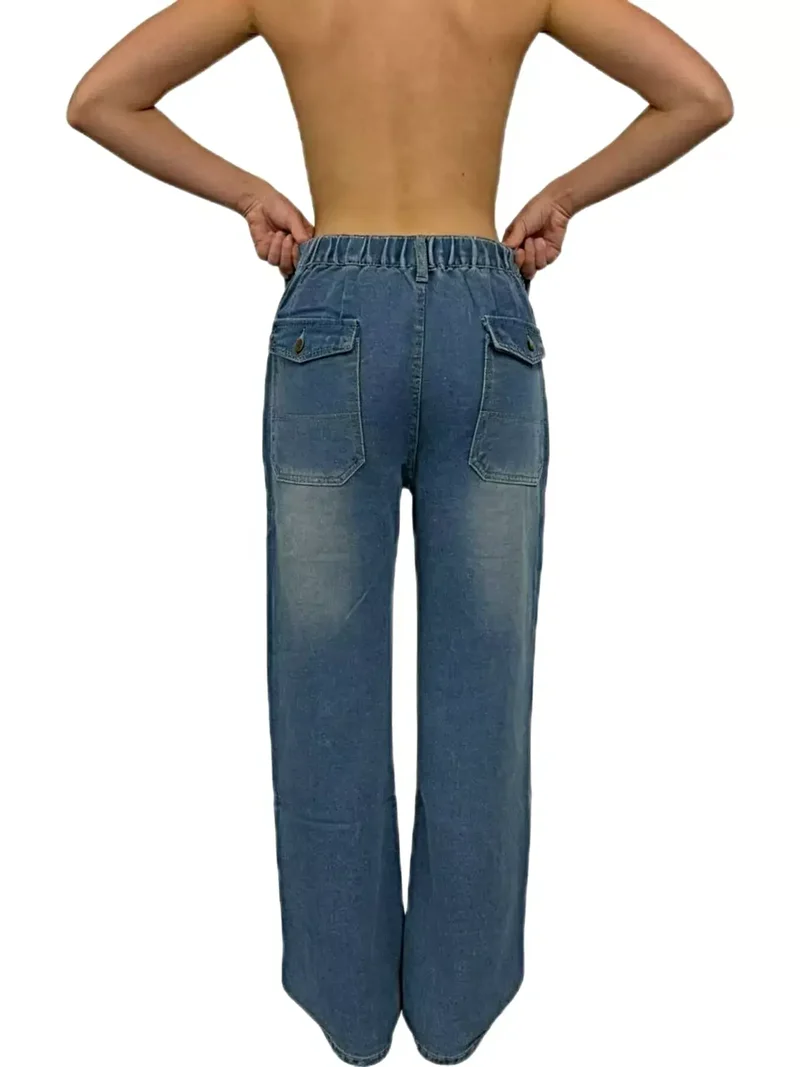 Stijlvolle jeans met wijde pijpen, contrasterende stiksels en zakken | 85% katoen, 15% polyester