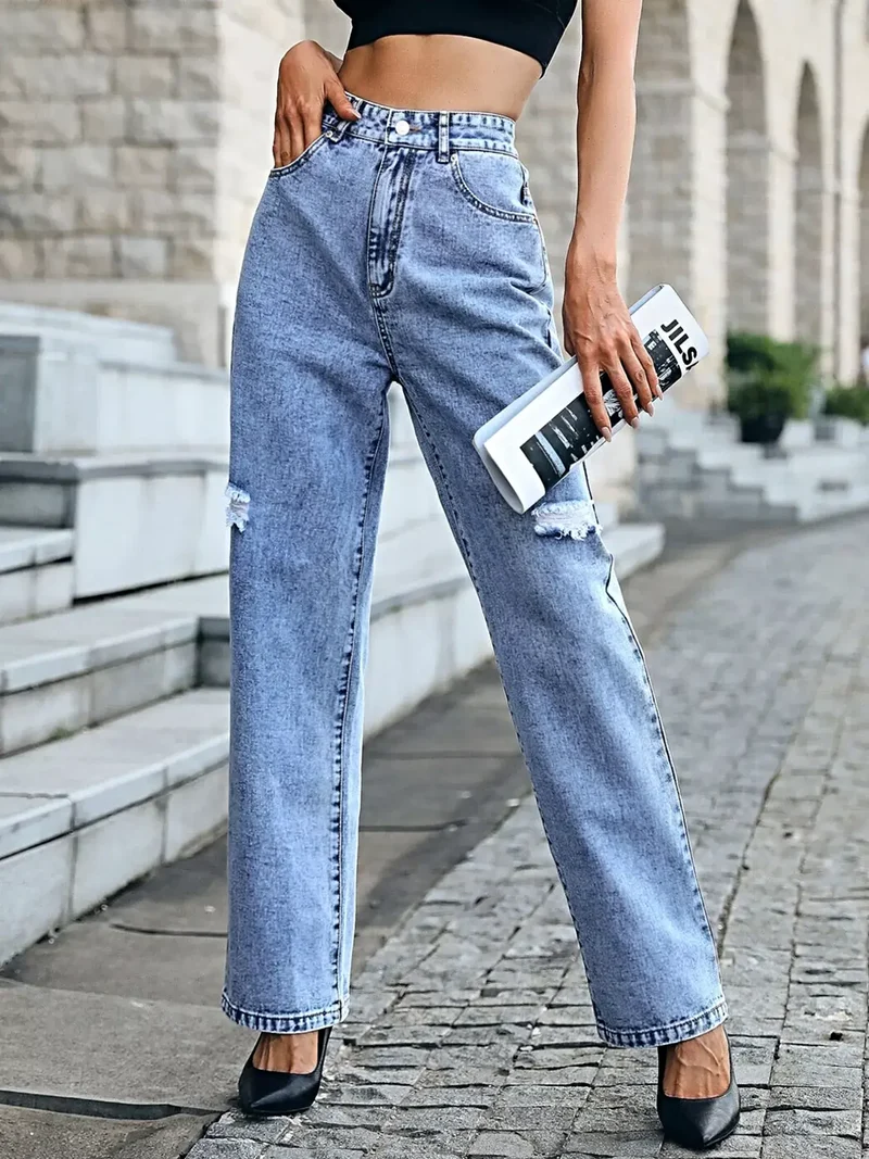 Stijlvolle jeans met hoge taille en verwassen look, klassieke knoopsluiting - Premium katoenmix