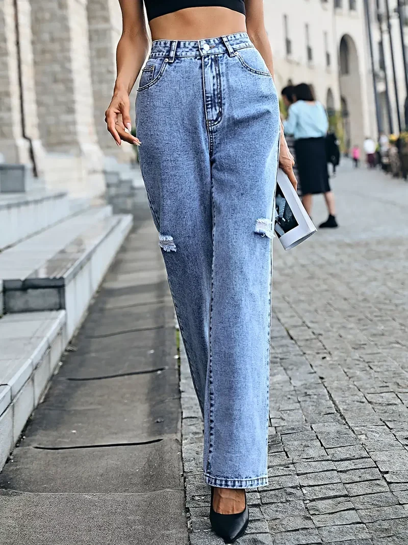 Stijlvolle jeans met hoge taille en verwassen look, klassieke knoopsluiting - Premium katoenmix