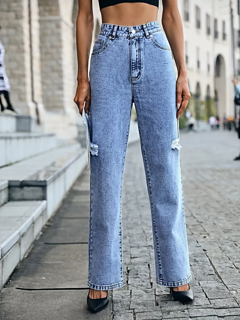 Stijlvolle jeans met hoge taille en verwassen look, klassieke knoopsluiting - Premium katoenmix