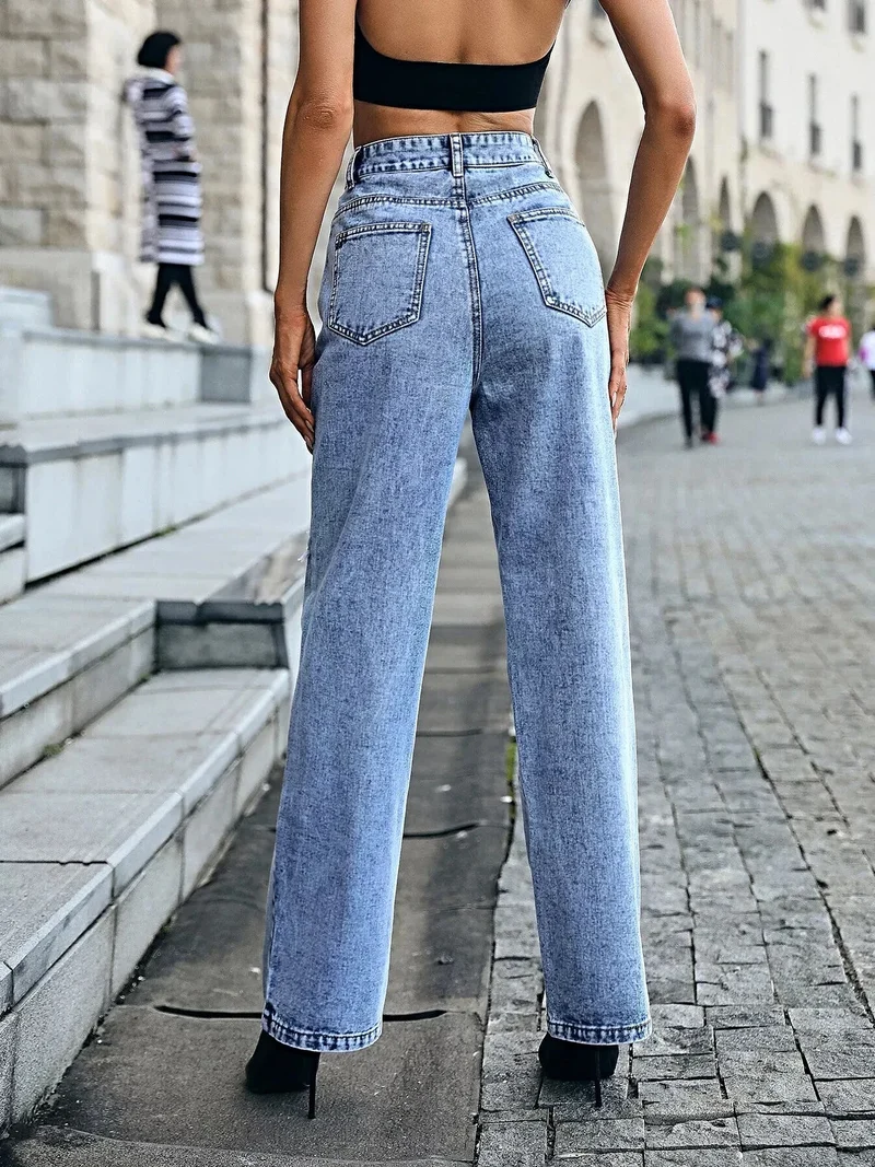 Stijlvolle jeans met hoge taille en verwassen look, klassieke knoopsluiting - Premium katoenmix