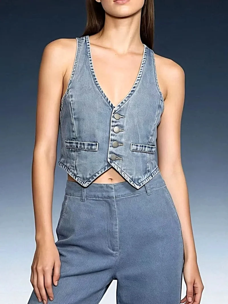 Stijlvol denim vest met knoopsluiting voor dames - 85% katoen, klassieke pasvorm, machinewasbaar