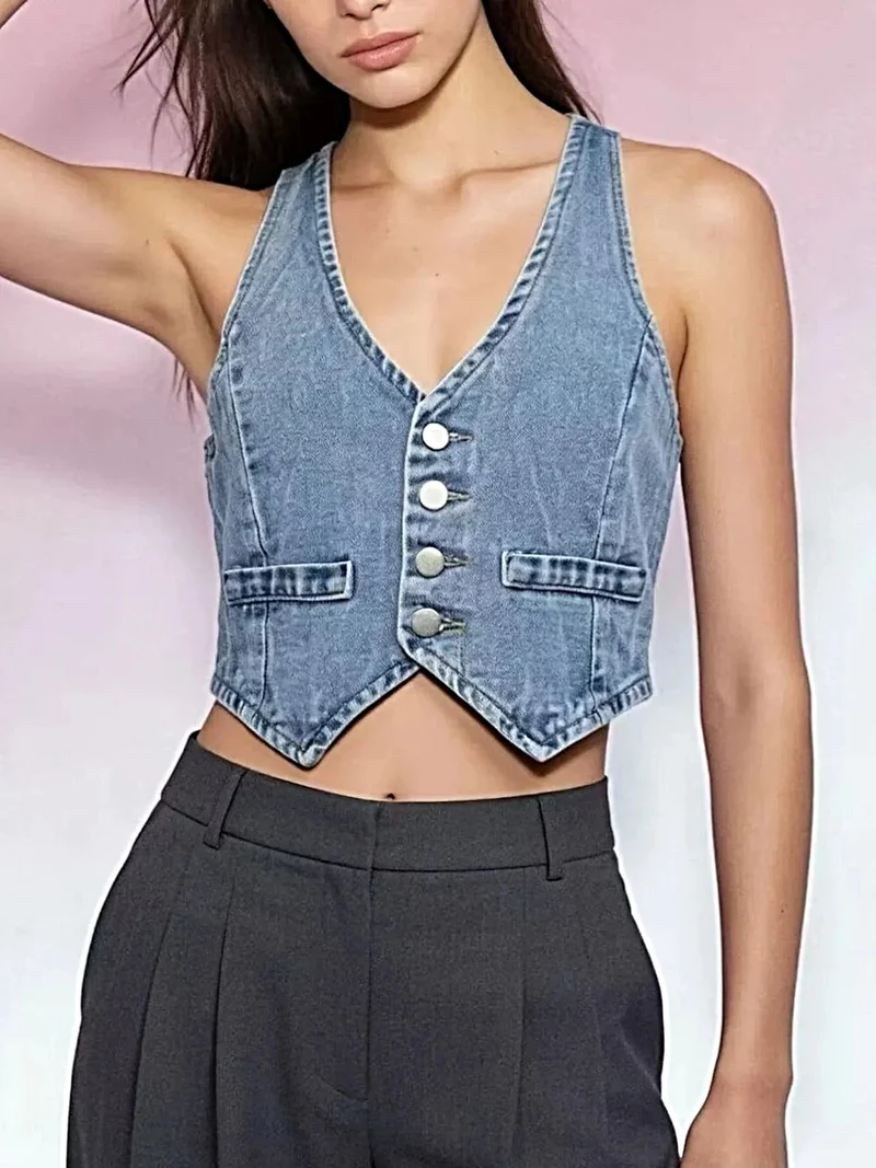 Stijlvol denim vest met knoopsluiting voor dames - 85% katoen, klassieke pasvorm, machinewasbaar
