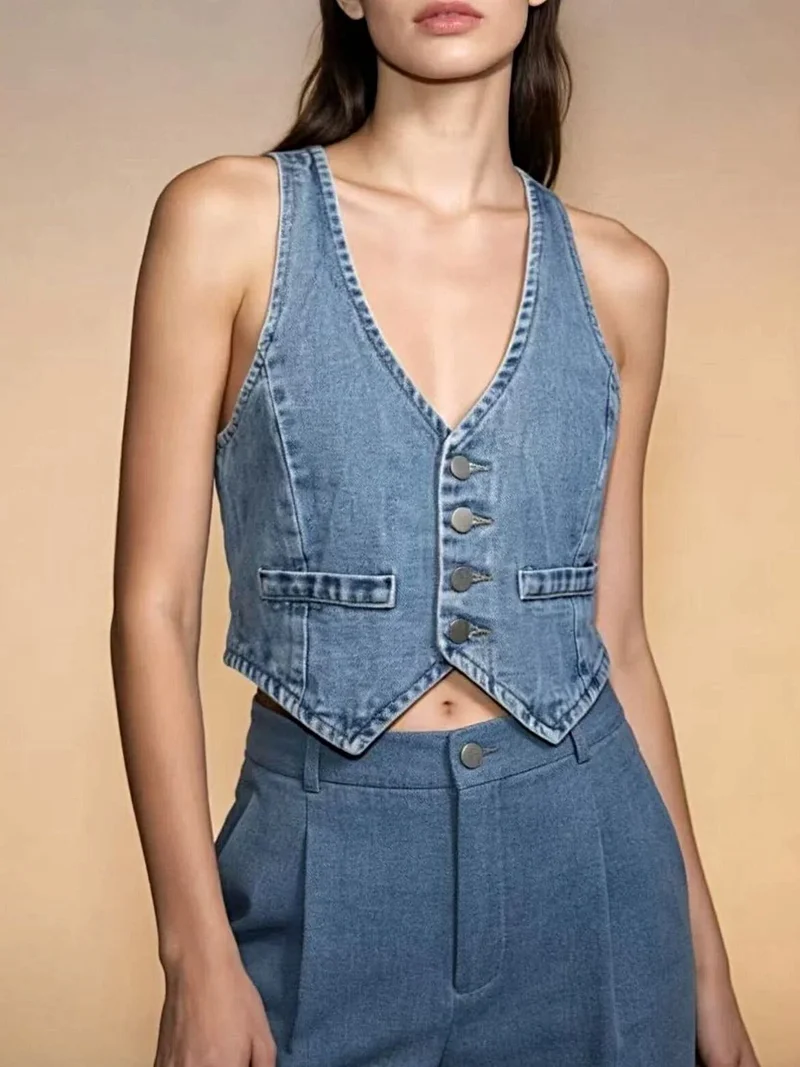 Stijlvol denim vest met knoopsluiting voor dames - 85% katoen, klassieke pasvorm, machinewasbaar