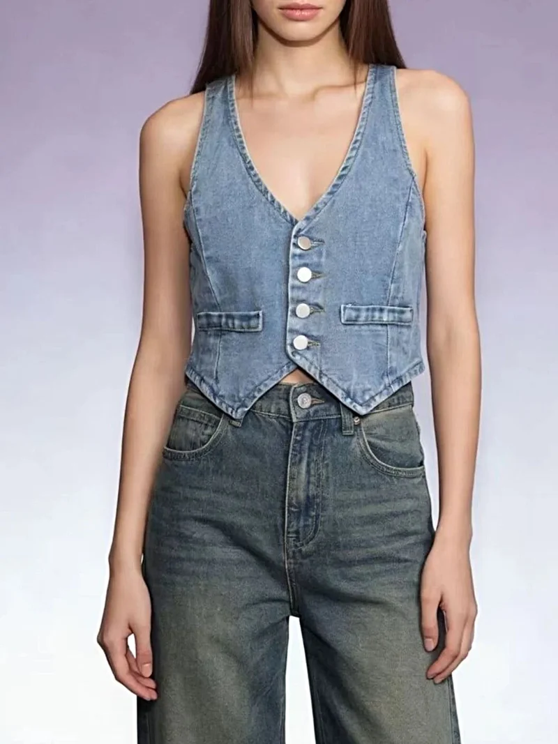 Stijlvol denim vest met knoopsluiting voor dames - 85% katoen, klassieke pasvorm, machinewasbaar