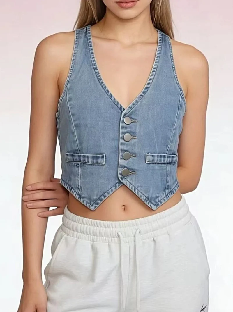 Stijlvol denim vest met knoopsluiting voor dames - 85% katoen, klassieke pasvorm, machinewasbaar