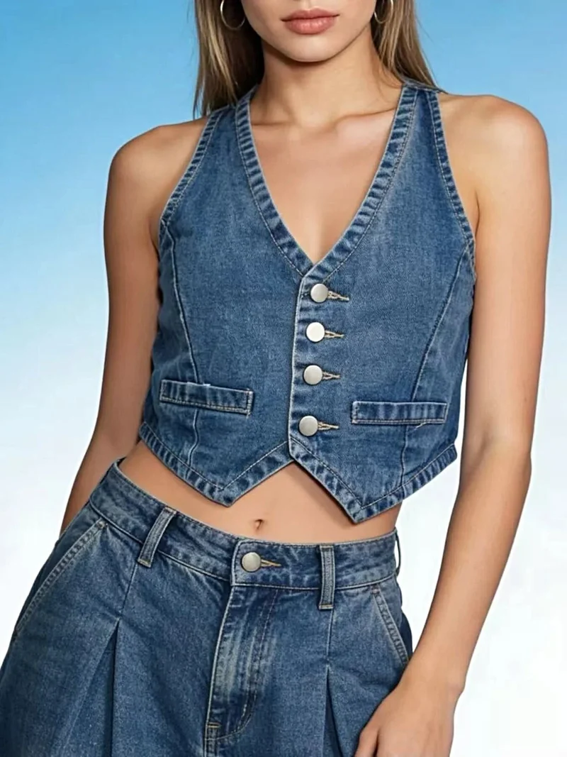 Stijlvol denim vest met knoopsluiting voor dames - 85% katoen, klassieke pasvorm, machinewasbaar