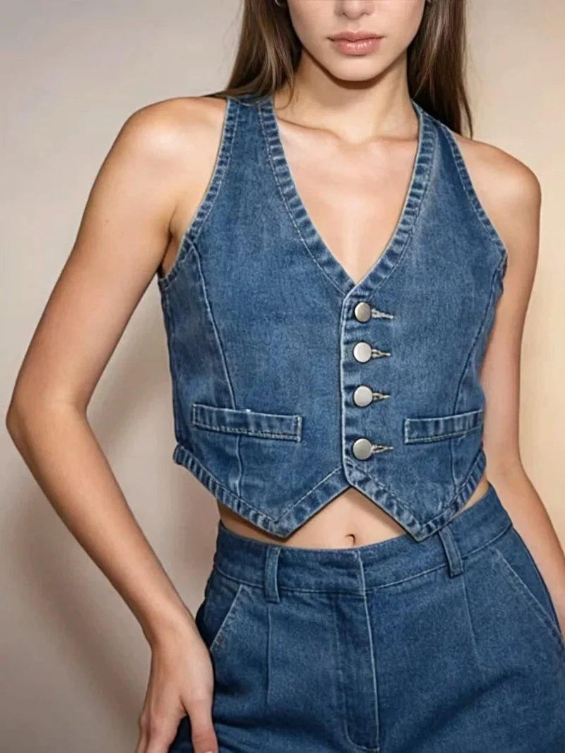 Stijlvol denim vest met knoopsluiting voor dames - 85% katoen, klassieke pasvorm, machinewasbaar