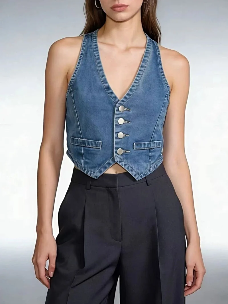 Stijlvol denim vest met knoopsluiting voor dames - 85% katoen, klassieke pasvorm, machinewasbaar