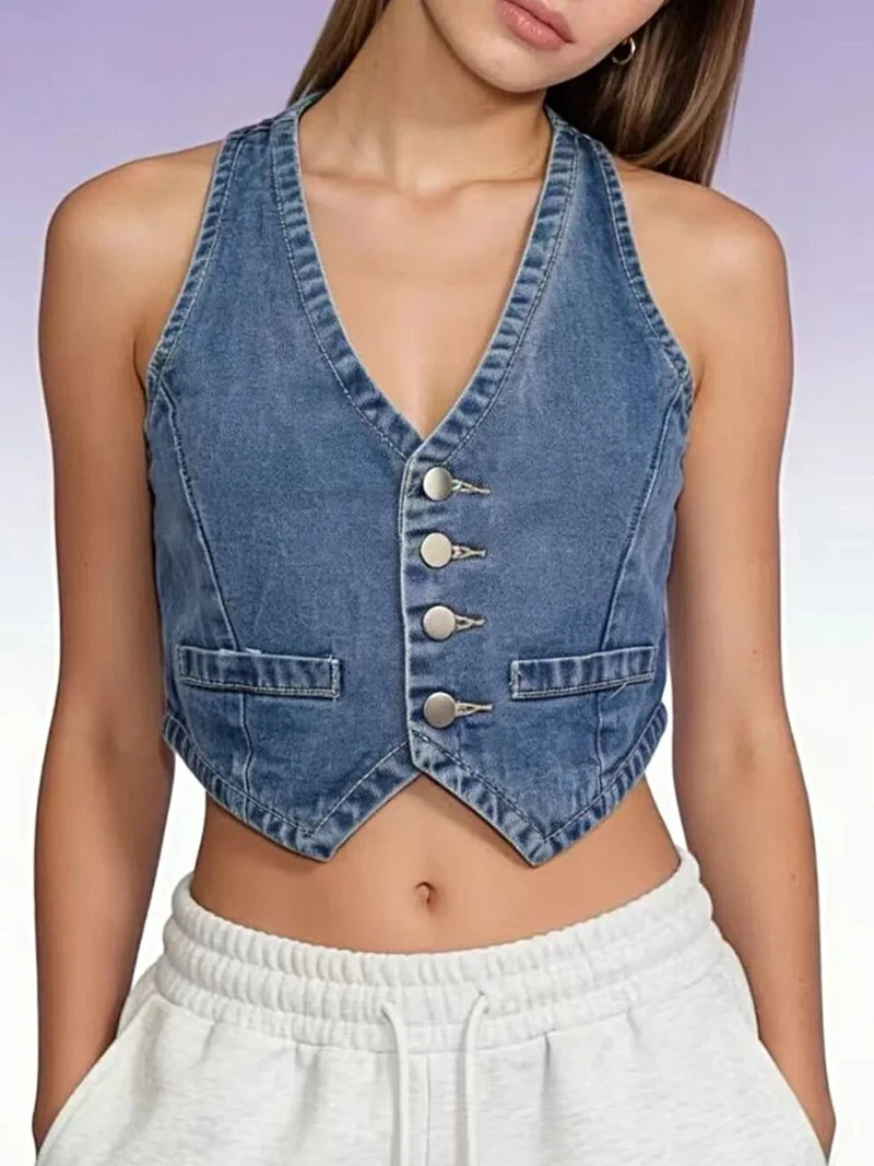 Stijlvol denim vest met knoopsluiting voor dames - 85% katoen, klassieke pasvorm, machinewasbaar