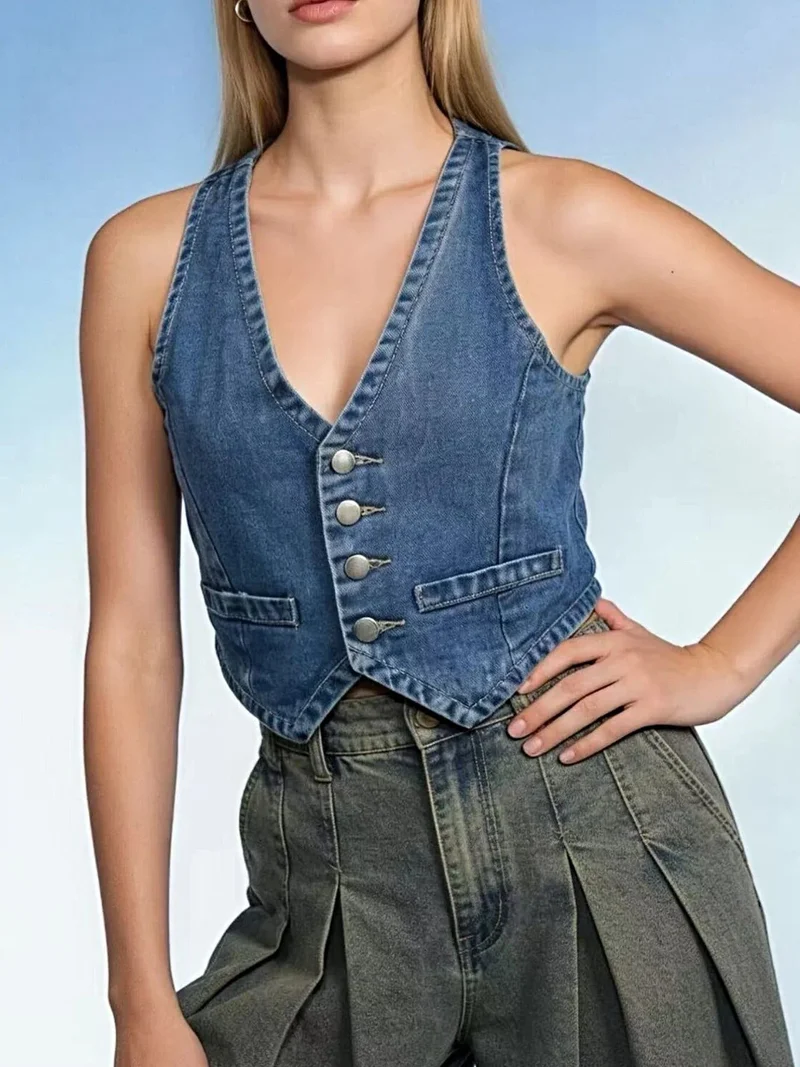 Stijlvol denim vest met knoopsluiting voor dames - 85% katoen, klassieke pasvorm, machinewasbaar