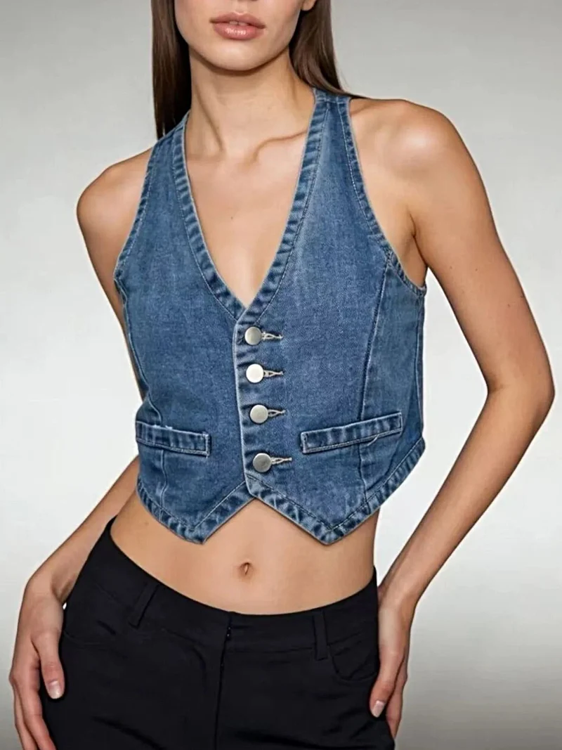 Stijlvol denim vest met knoopsluiting voor dames - 85% katoen, klassieke pasvorm, machinewasbaar
