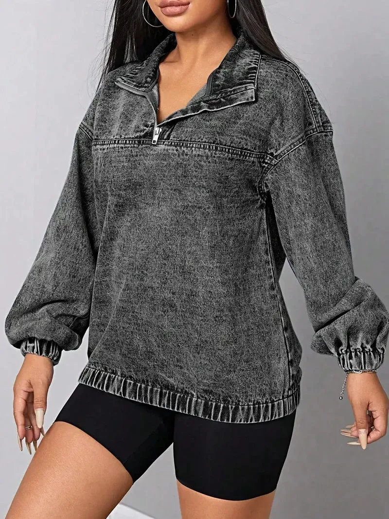 Elegante denim top met kwartrits en elastische zoom, 85% katoen, perfect voor een casual chique stijl.
