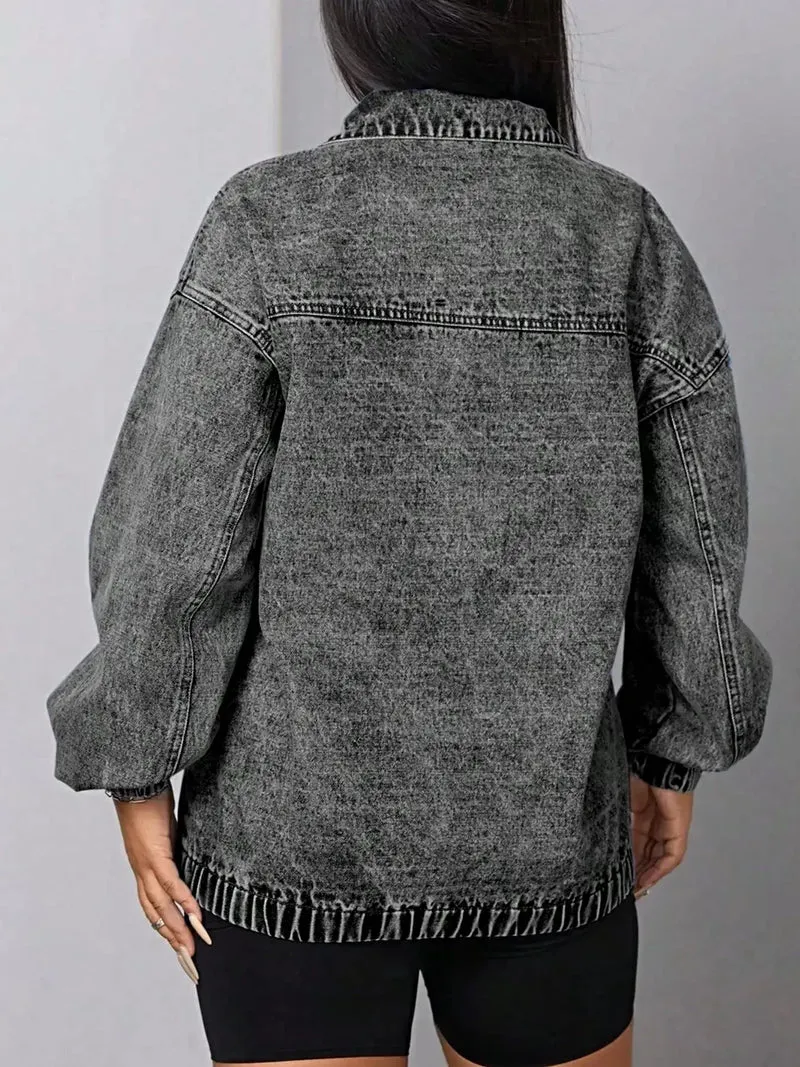 Elegante denim top met kwartrits en elastische zoom, 85% katoen, perfect voor een casual chique stijl.