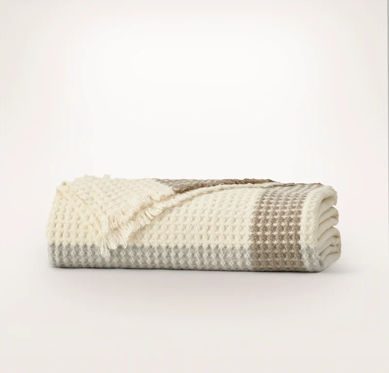 Heirloom Waffle Merino Bed Blanket - Cream/Pewter/Twig Plaid