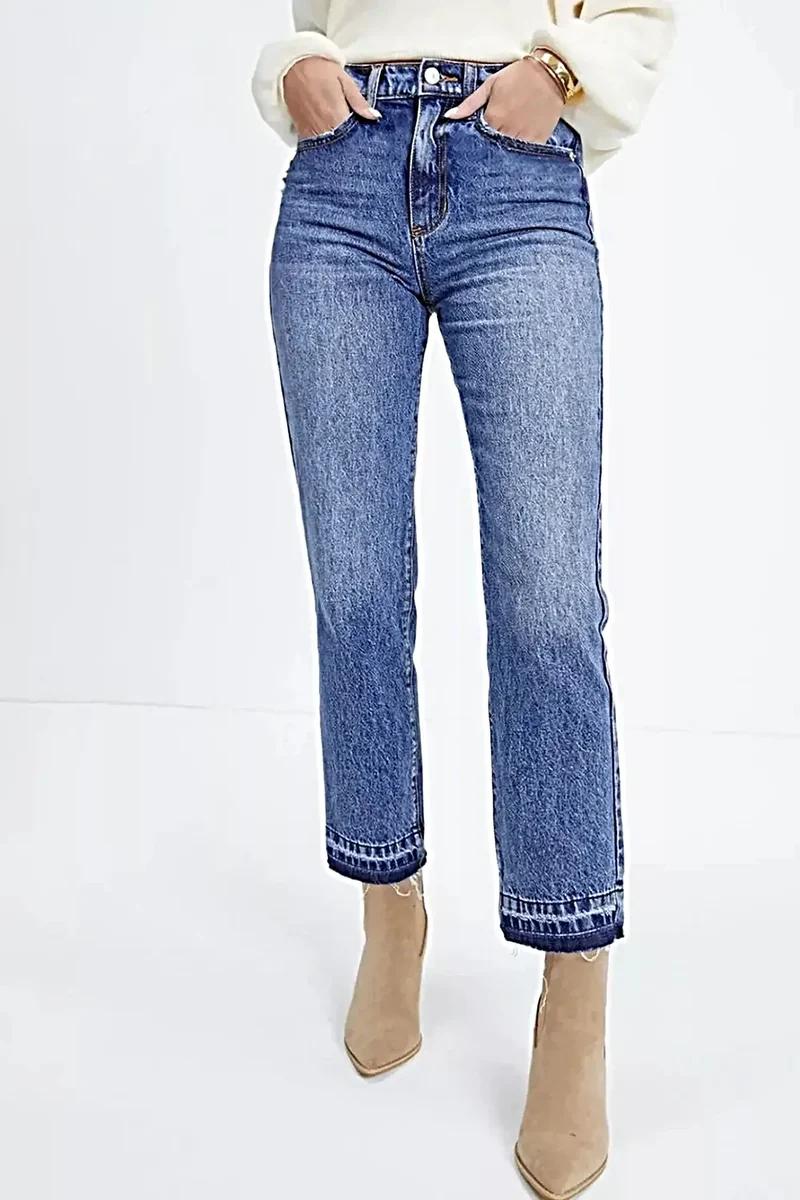 Cropped jeans met hoge taille en rafelige zoom | Met zakken en licht elastisch denim