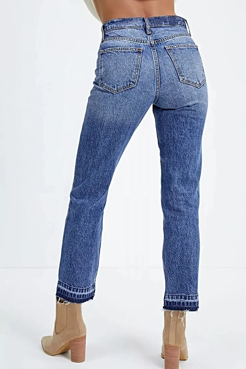 Cropped jeans met hoge taille en rafelige zoom | Met zakken en licht elastisch denim