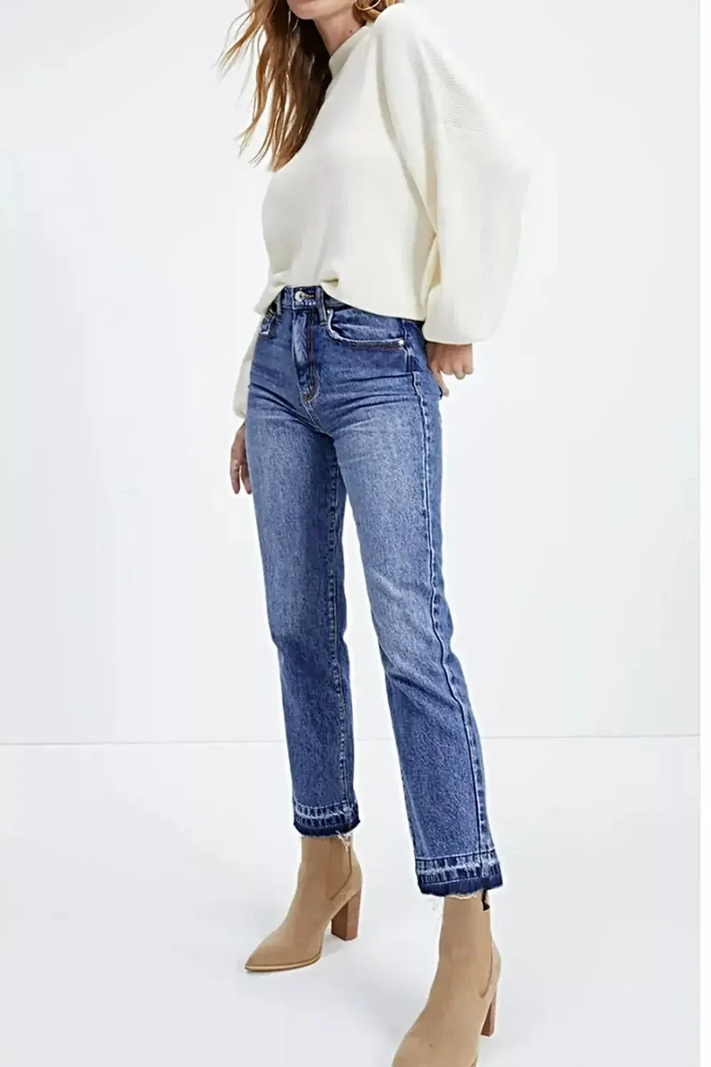 Cropped jeans met hoge taille en rafelige zoom | Met zakken en licht elastisch denim