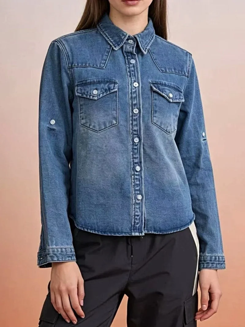 Klassieke denim top met knoopsluiting in westernstijl - 85% katoen, 15% polyester, machinewasbaar