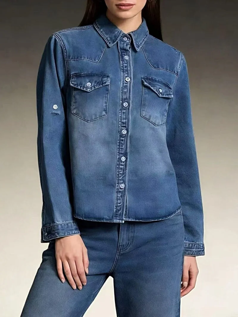 Klassieke denim top met knoopsluiting in westernstijl - 85% katoen, 15% polyester, machinewasbaar