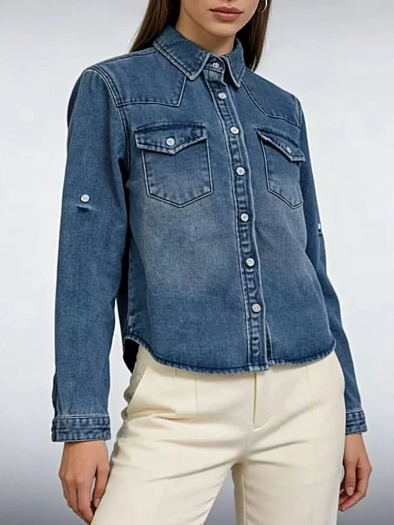 Klassieke denim top met knoopsluiting in westernstijl - 85% katoen, 15% polyester, machinewasbaar