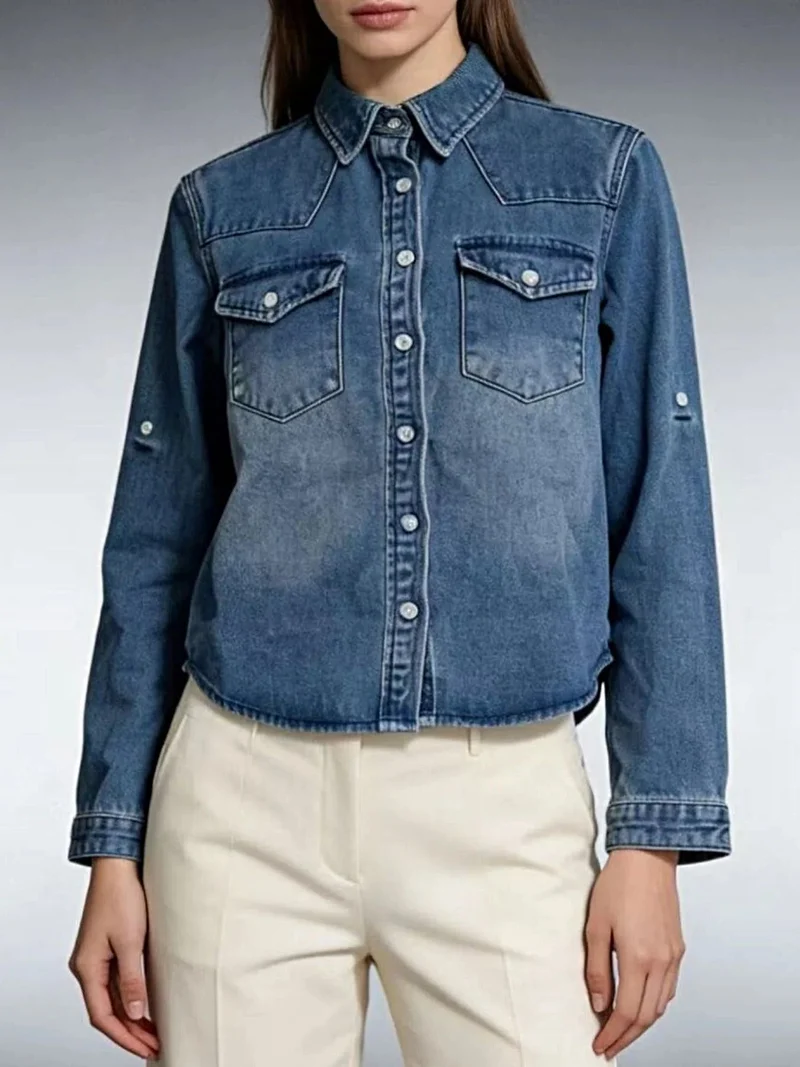 Klassieke denim top met knoopsluiting in westernstijl - 85% katoen, 15% polyester, machinewasbaar