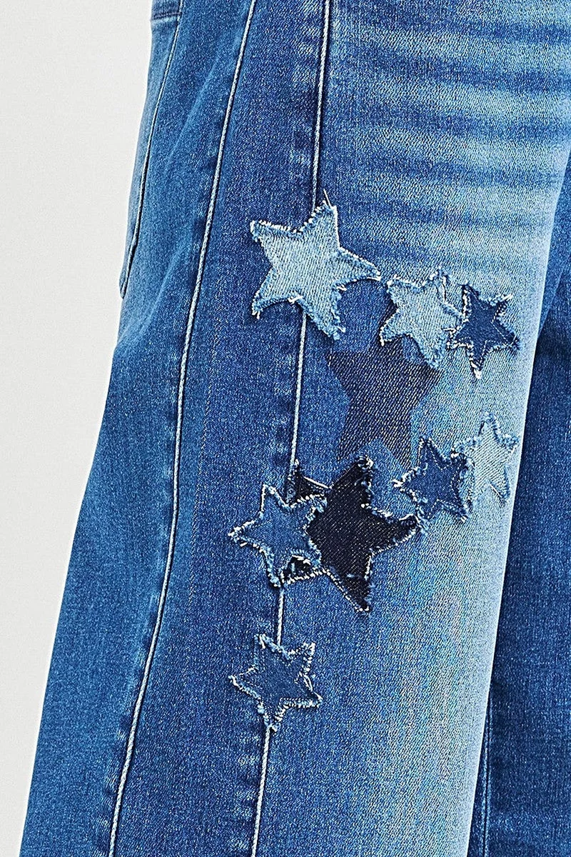 Trendy damesjeans met elastische taille - Slouchy cropped model met taps toelopende pijpen en sterrenapplicaties