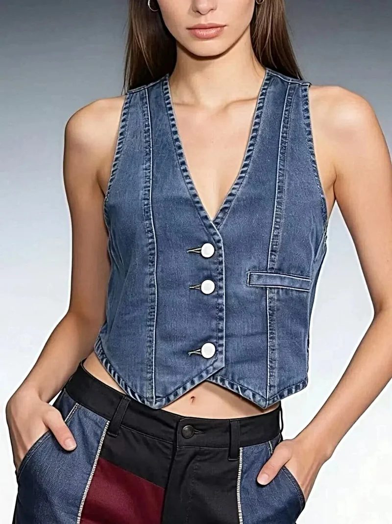 Stijlvol denim vest met knoopsluiting - 85% katoen, normale dikte, machinewasbaar