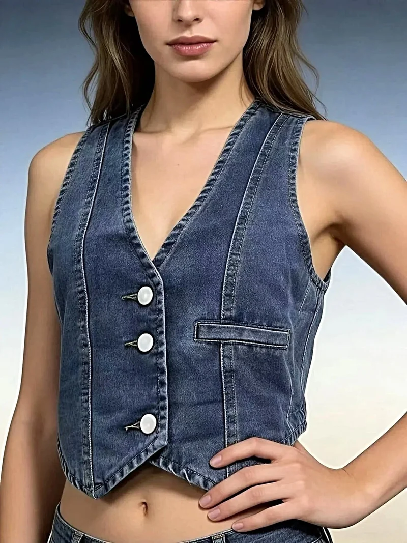 Stijlvol denim vest met knoopsluiting - 85% katoen, normale dikte, machinewasbaar