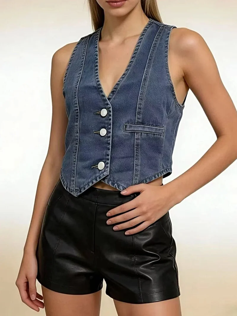 Stijlvol denim vest met knoopsluiting - 85% katoen, normale dikte, machinewasbaar